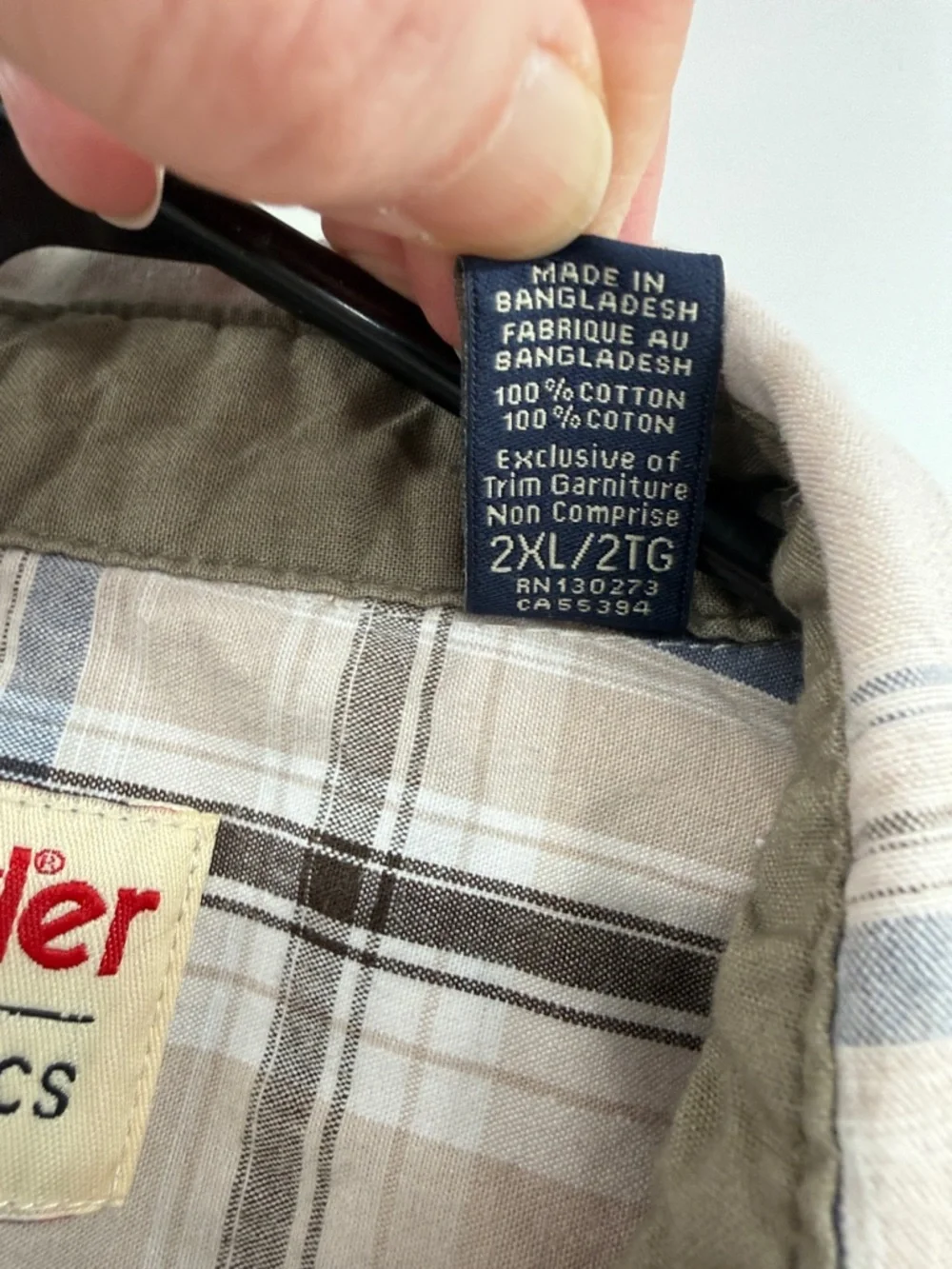 Wrangler Authentics Beige and Blue Plaid Short-Sleeve Button-Down Shirt Size 2XL